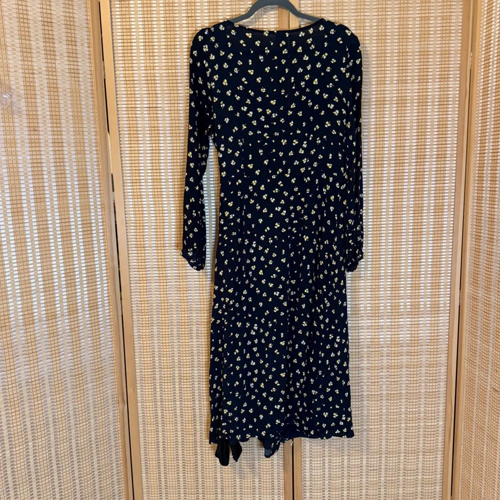 HM Navy Blue Floral Long Sleeve Wrap Midi Dress Womens Size 8 V-Neck Yellow - Picture 4 of 9